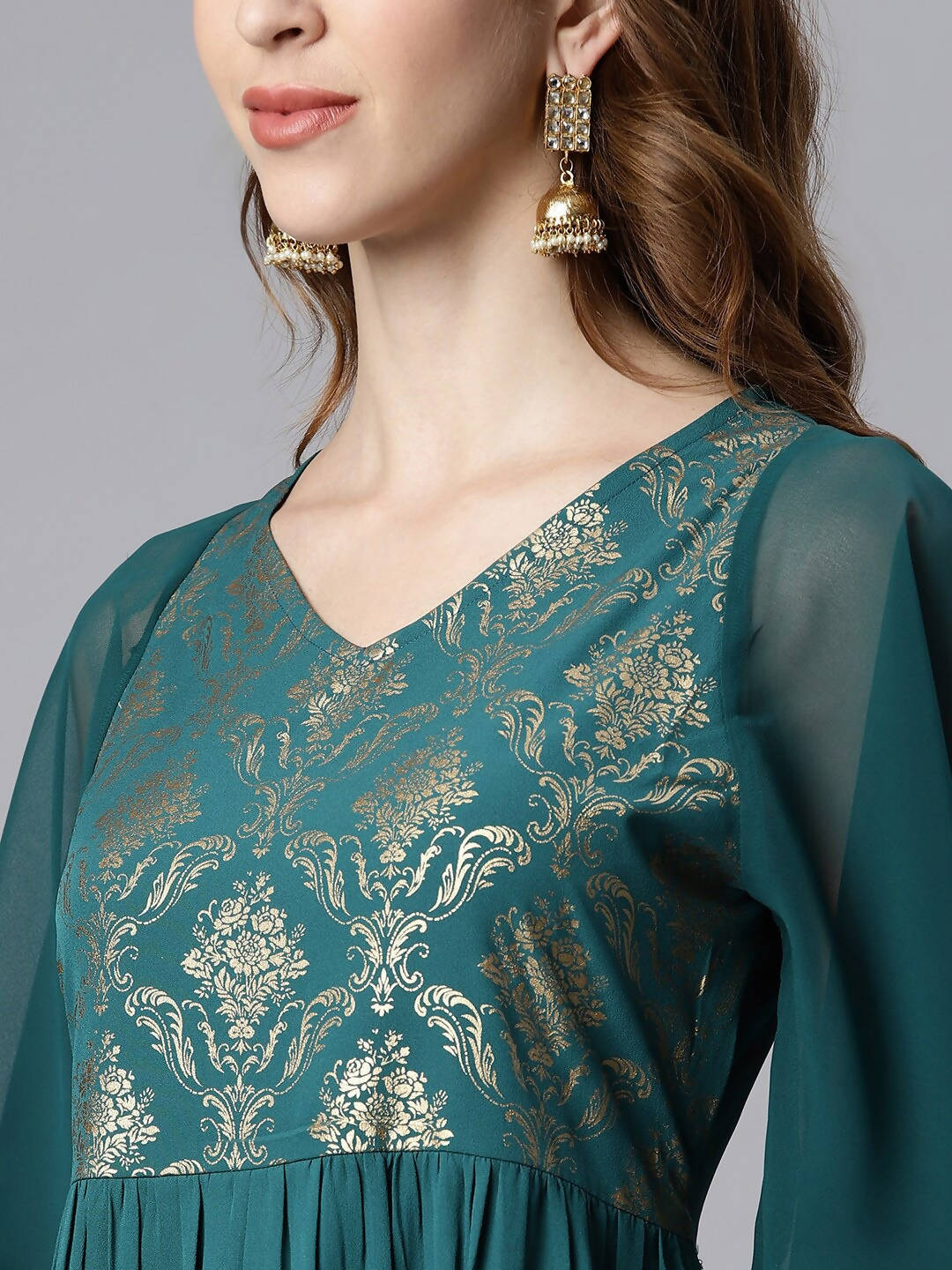 Janasya Women Teal Yoke Design Flared Sleeves Crepe Anarkali Kurta