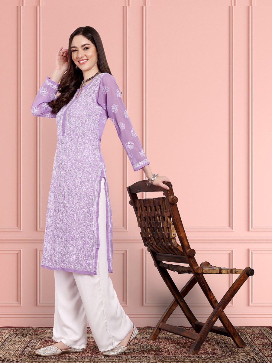 ADA Women Purple & White Ethnic Motifs Embroidered Chikankari Georgette Kurta 