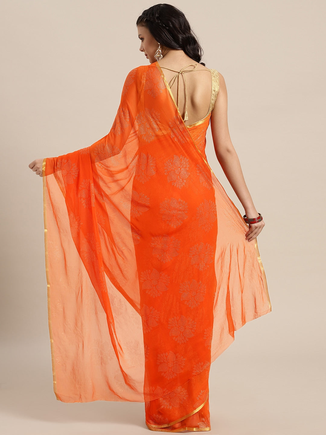Saree Mall Orange & Golden Printed Saree