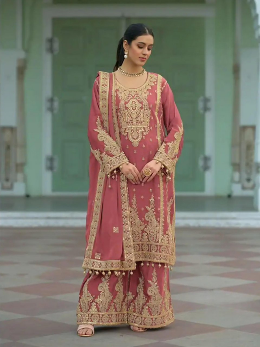 Anaita Coral Heavy Chinon Readymade Palazzo Suit with Heavy Embroidery Work