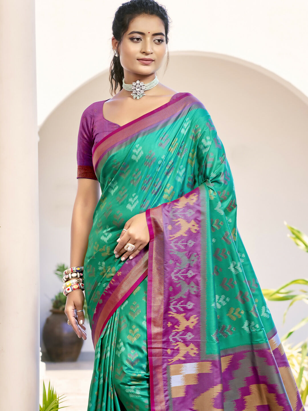 Shree Shyam Fashion Pochampalli Silk Rama Green Saree