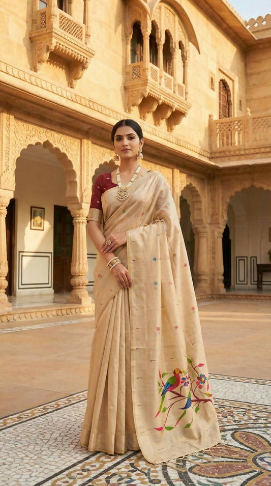 Vastranavya Cream Muga Cotton Meenakari & Munia Weaving Pallu Grab2Buy with Contrast Blouse  Grab2Buy Vastranavya Grab2Buy