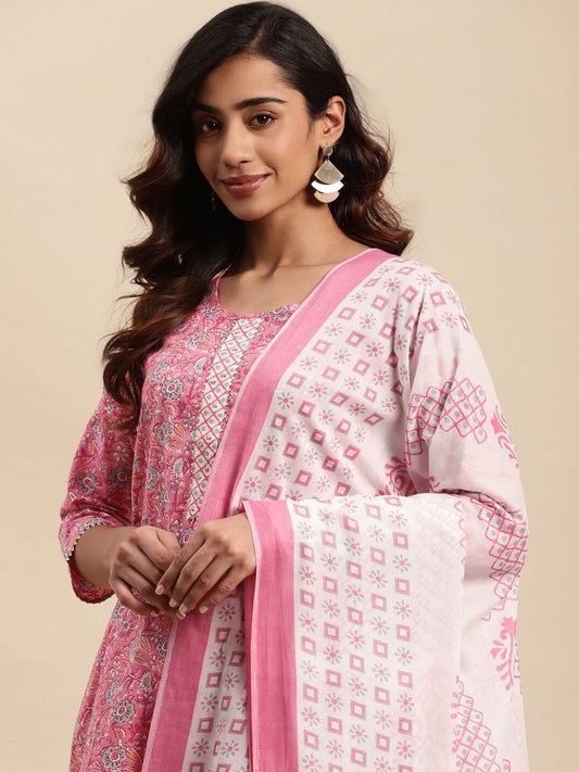 Sangria Floral Printed Gotta Patti Pure-Cotton A-Line Kurta With Trouser & Dupatta - Grab2buy