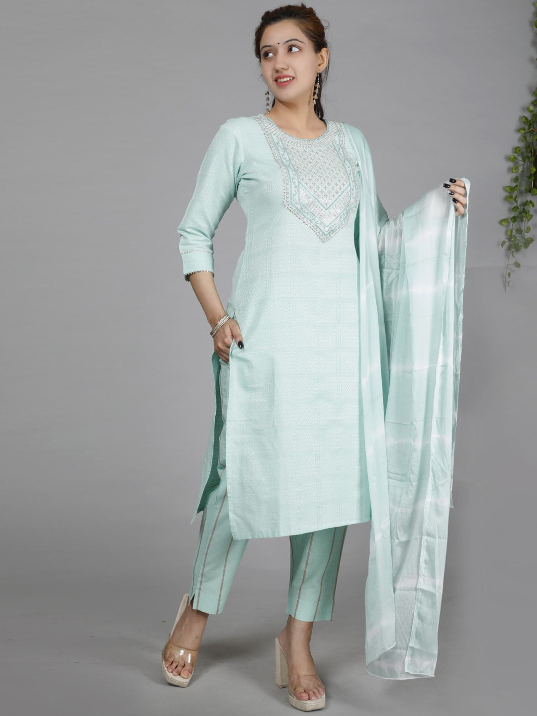 HERE&NOW Green Ethnic Motifs Embroidered Sequined Cotton Kurta Set