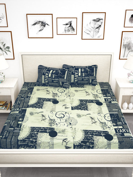 Story@home Blue & Off White Conversational King Bedsheet with 2 Pillow Covers 
