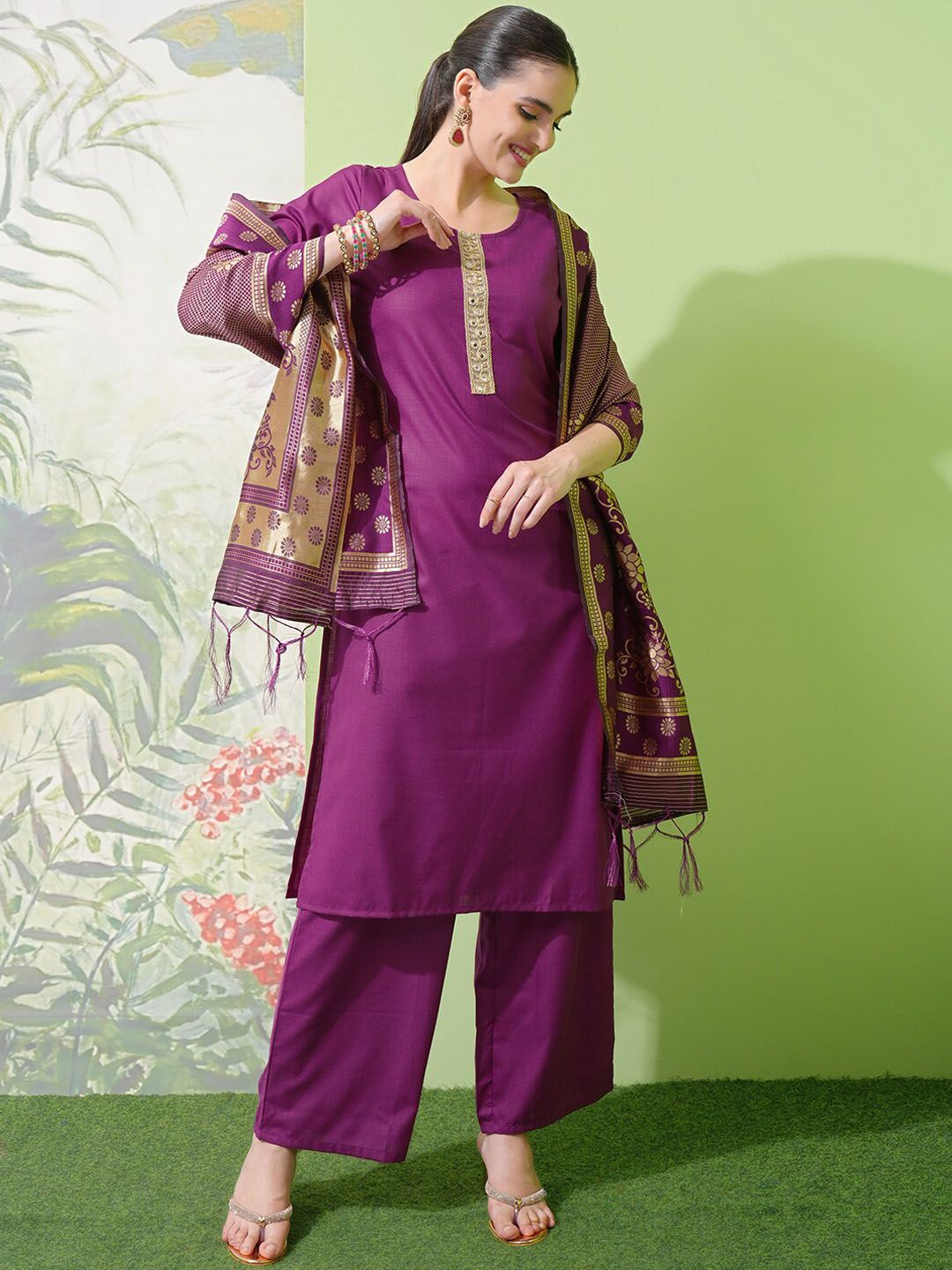 Vishudh Purple Yoke Design Thread Work Straight Kurta With Palazzos & Dupatta | Grab2Buy