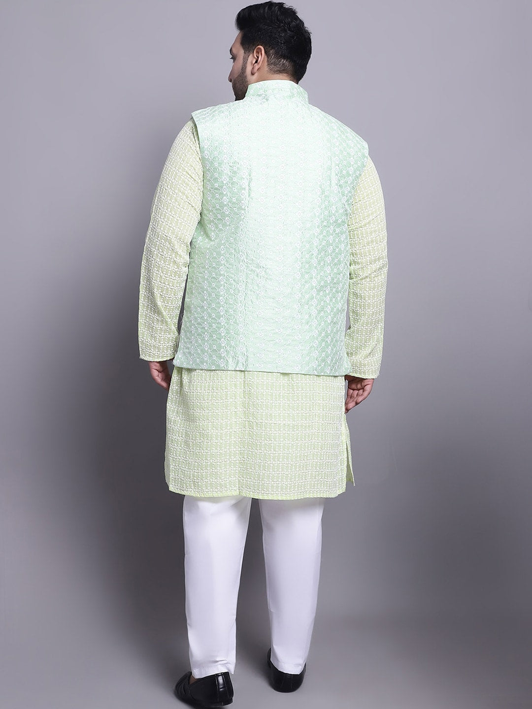 Sojanya Plus Plus Size Embroidered Pure Cotton Kurta With Pyjamas & Nehru Jacket 