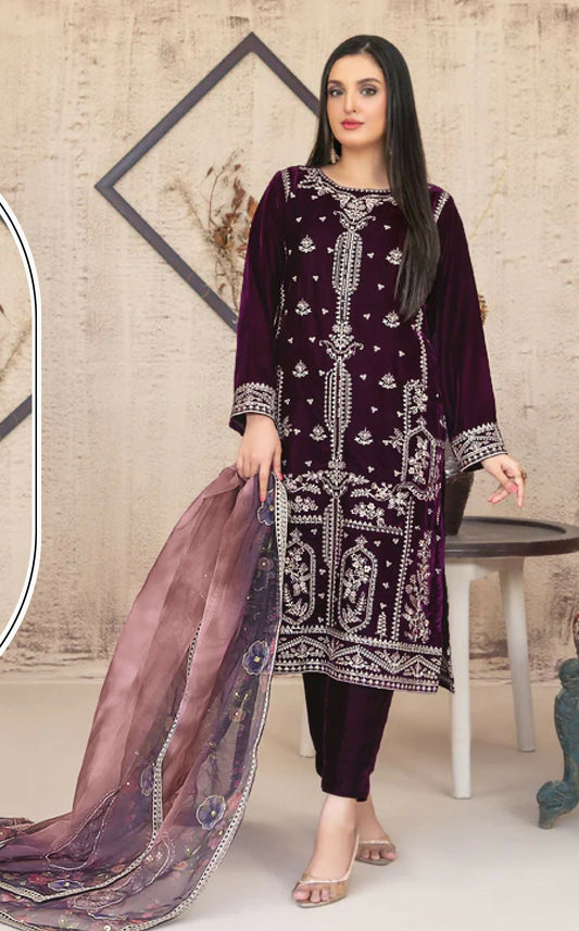 Anaita Purple Velvet Suit with Embroidery Sequence Work 