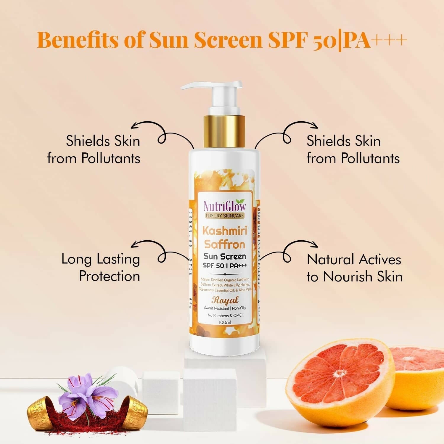 NutriGlow Luxury Skincare Kashmiri Saffron Sunscreen Serum 50 PA+++ 