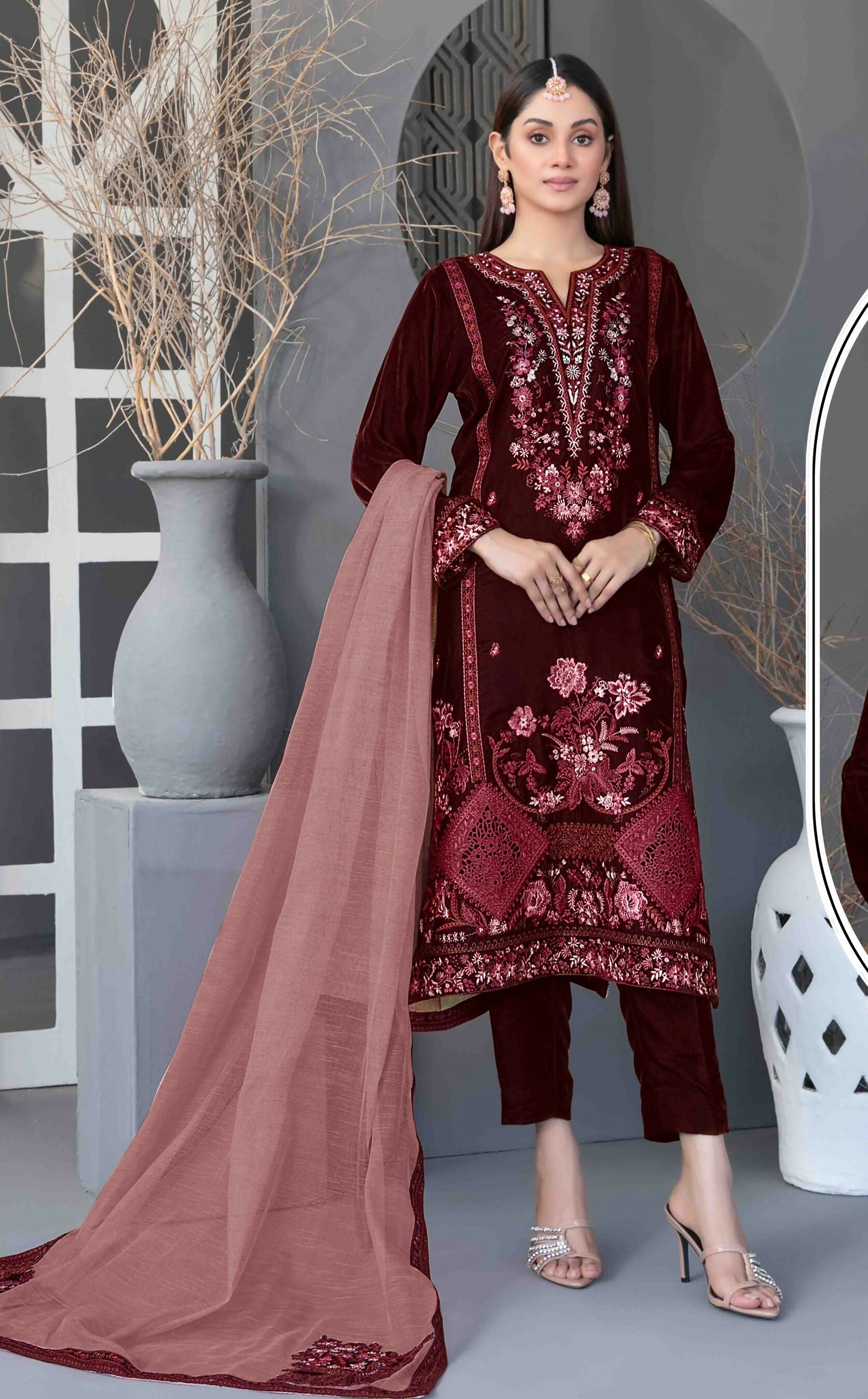 Anaita Maroon Velvet Suit with Embroidery Sequence Work 