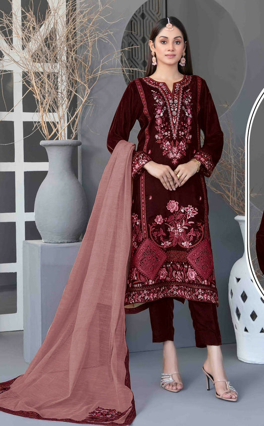 Anaita Maroon Velvet Suit with Embroidery Sequence Work 