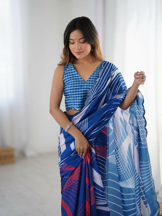Blue Chinon Designer Digital Printed,Mirror Cut Work Saree - Manvika