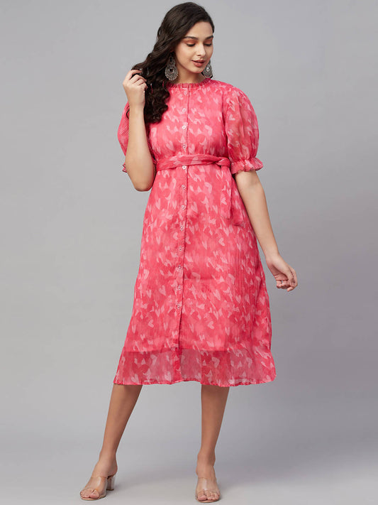 Myshka Women Pink Printed Half Sleeve Round Dress