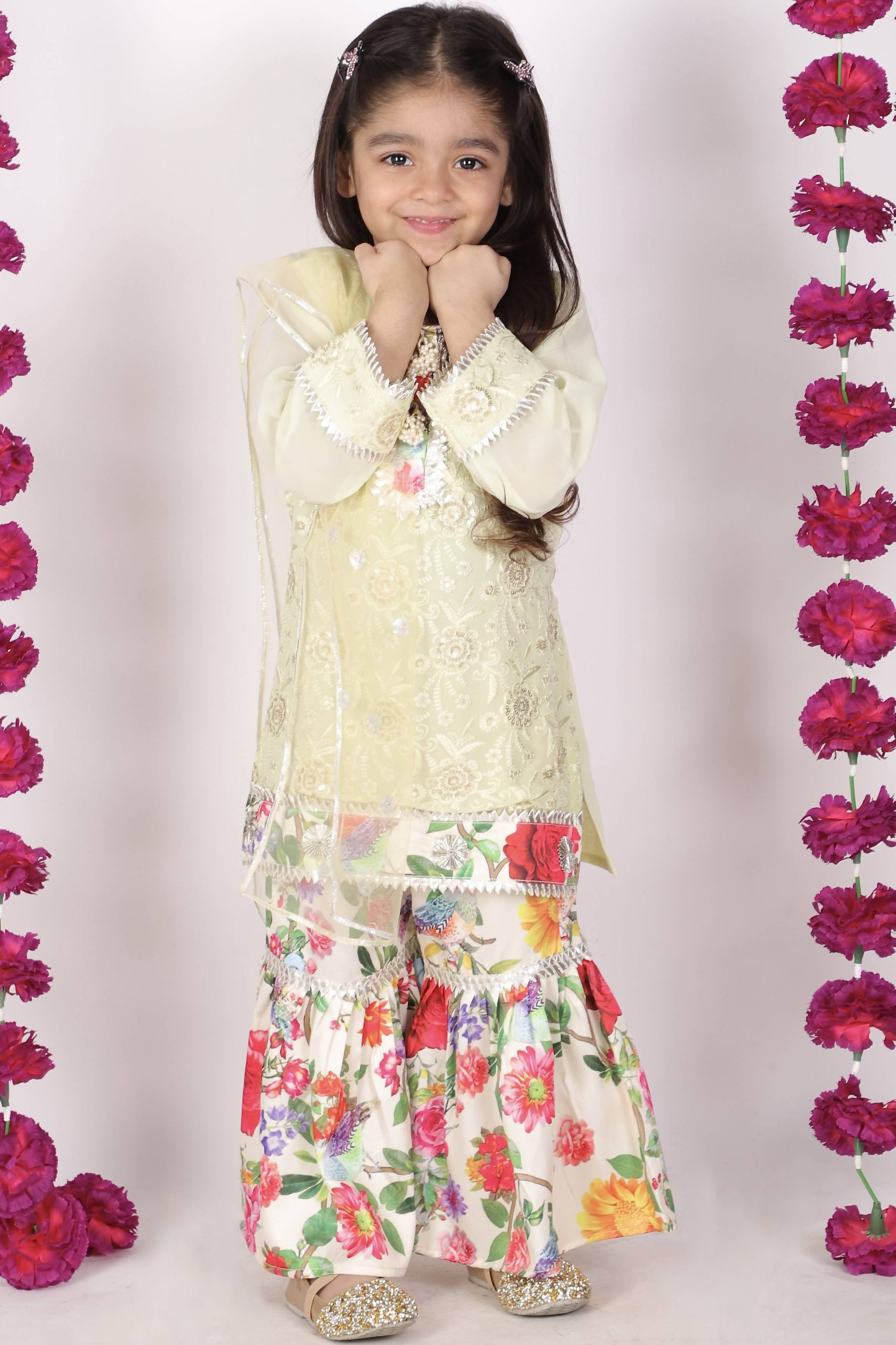 Little Bansi Girls Green & yellow Embrodiery Kurta with Floral Sharara