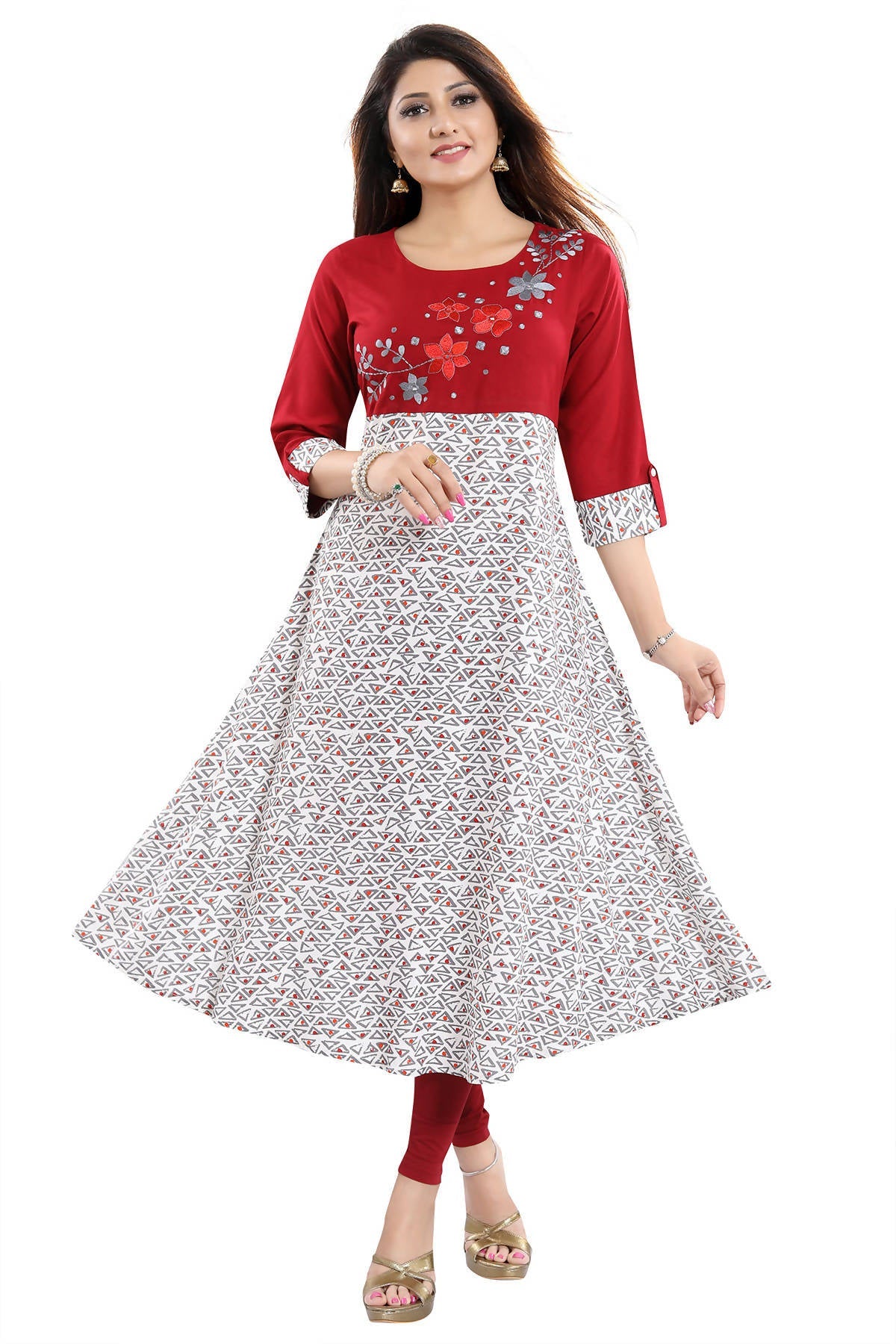 Snehal Creations Magnificent Maroon Rayon Printed Flared Long Tunic