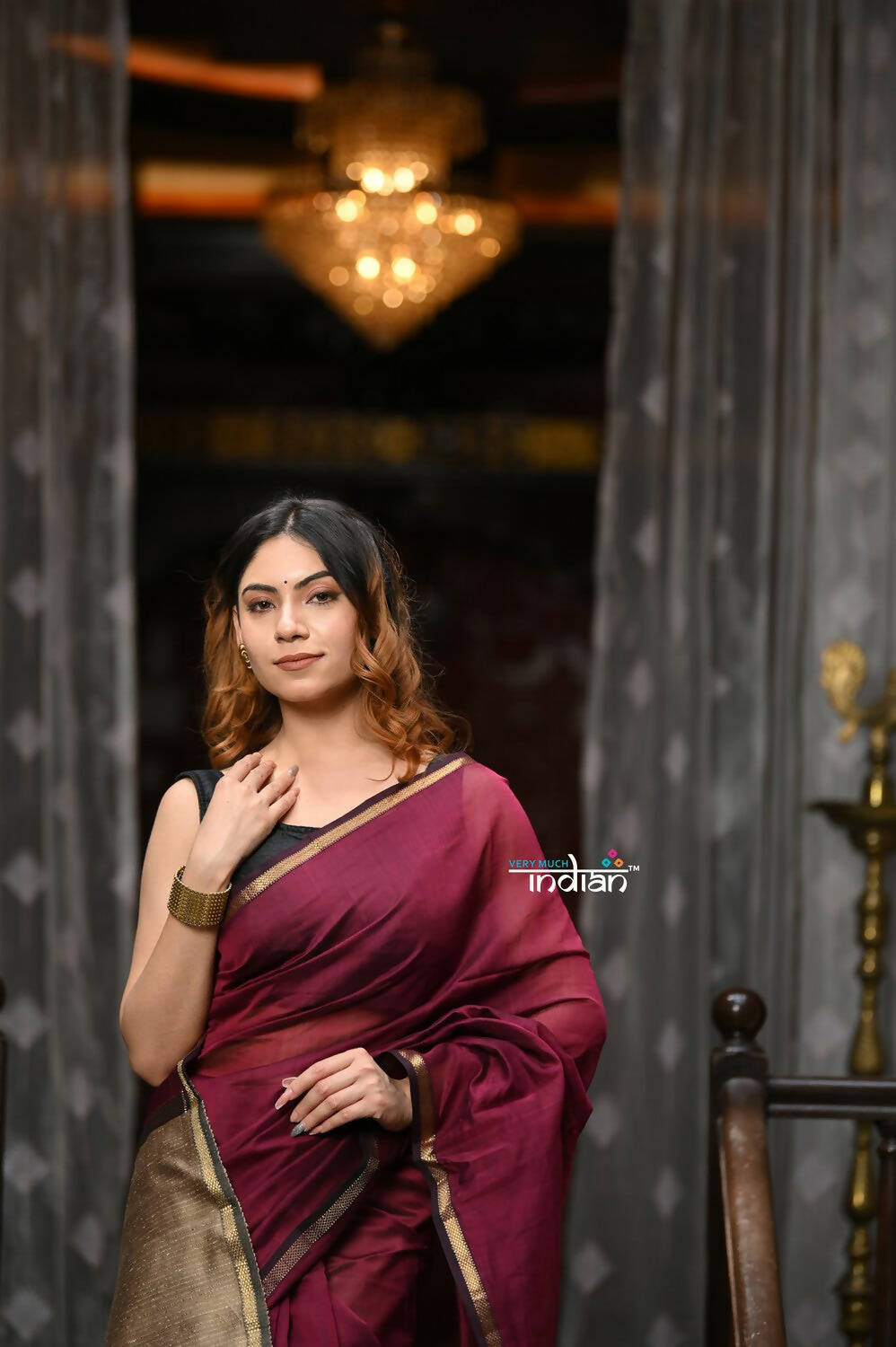 Very Much Indian VMI Exclusive Designer! Handloom Cotton Silk Grab2Buy With Sleek Golden Border - Maroon Shade 