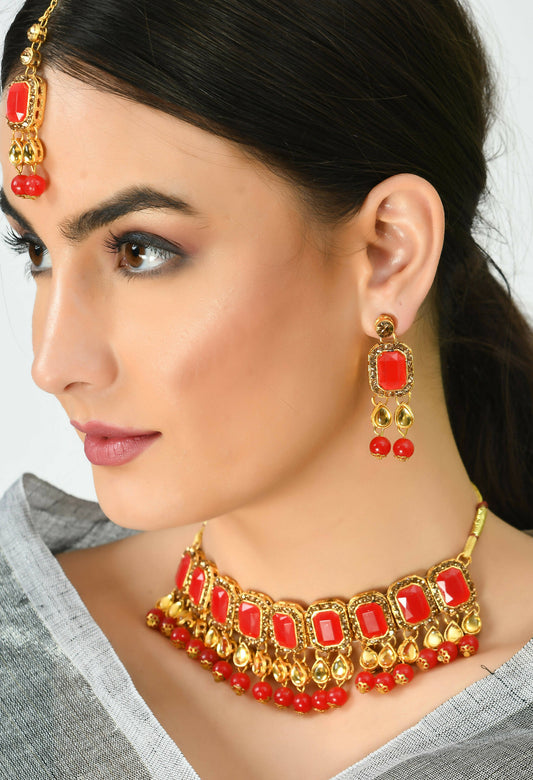 Mominos Fashion Johar Kamal Gold-Plated Brass Finish Kundan/Pearls Choker For Women (Red) - Grab2buy