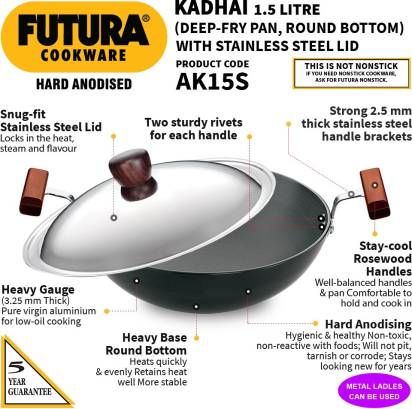 Hawkins Futura Hard Anodised Kadhai 22 cm Diameter with Lid 1.5 L (AK15S) - Grab2buy