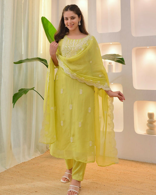 The52 Lemons Women's Beautiful Chikankari Work Chanderi Fabric Straight Kurta Pant and Dupatta Set | Grab2Buy