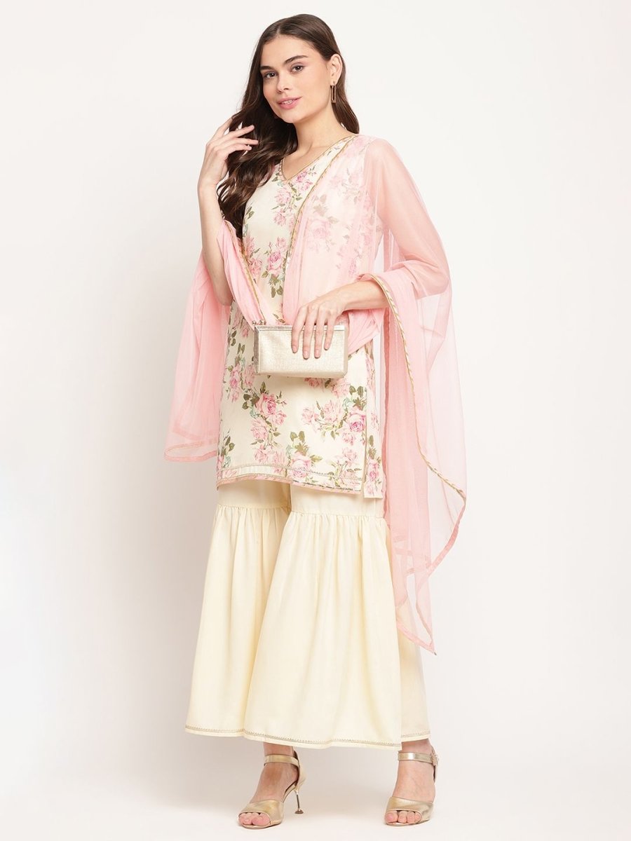Ahalyaa Women's Beige Crepe Digital Floral Print Kurta Sharara Set with Dupatta 
