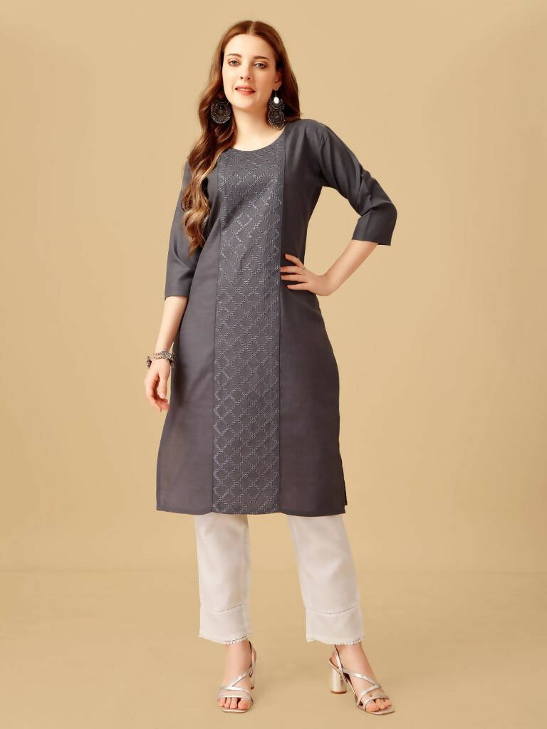 Aastha Fashion Women's Grey Cotton Blend Embroidered Kurta Pant Set - Grab2buy