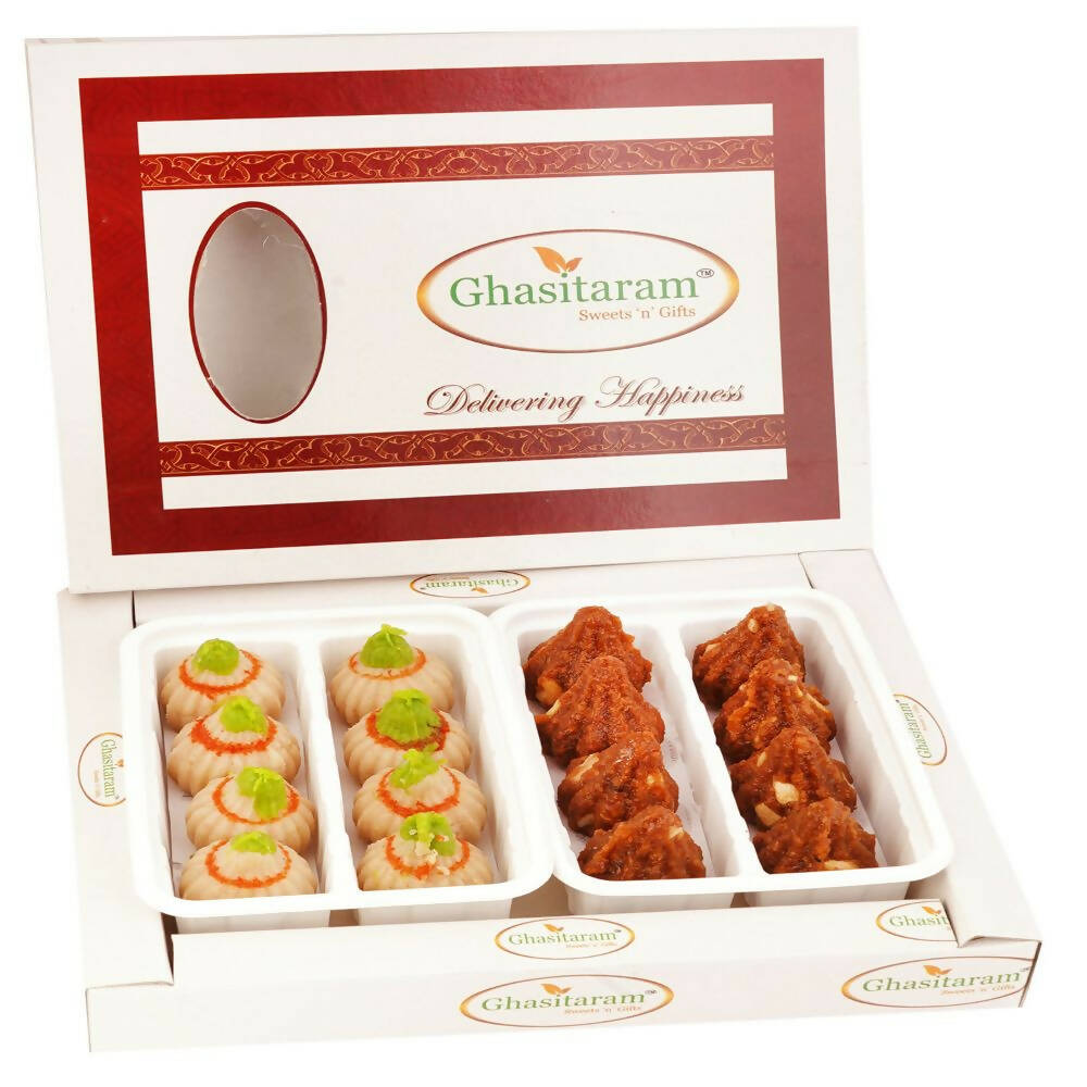 Ghasitaram White Box of Dodha Barfi and Kaju Modaks 