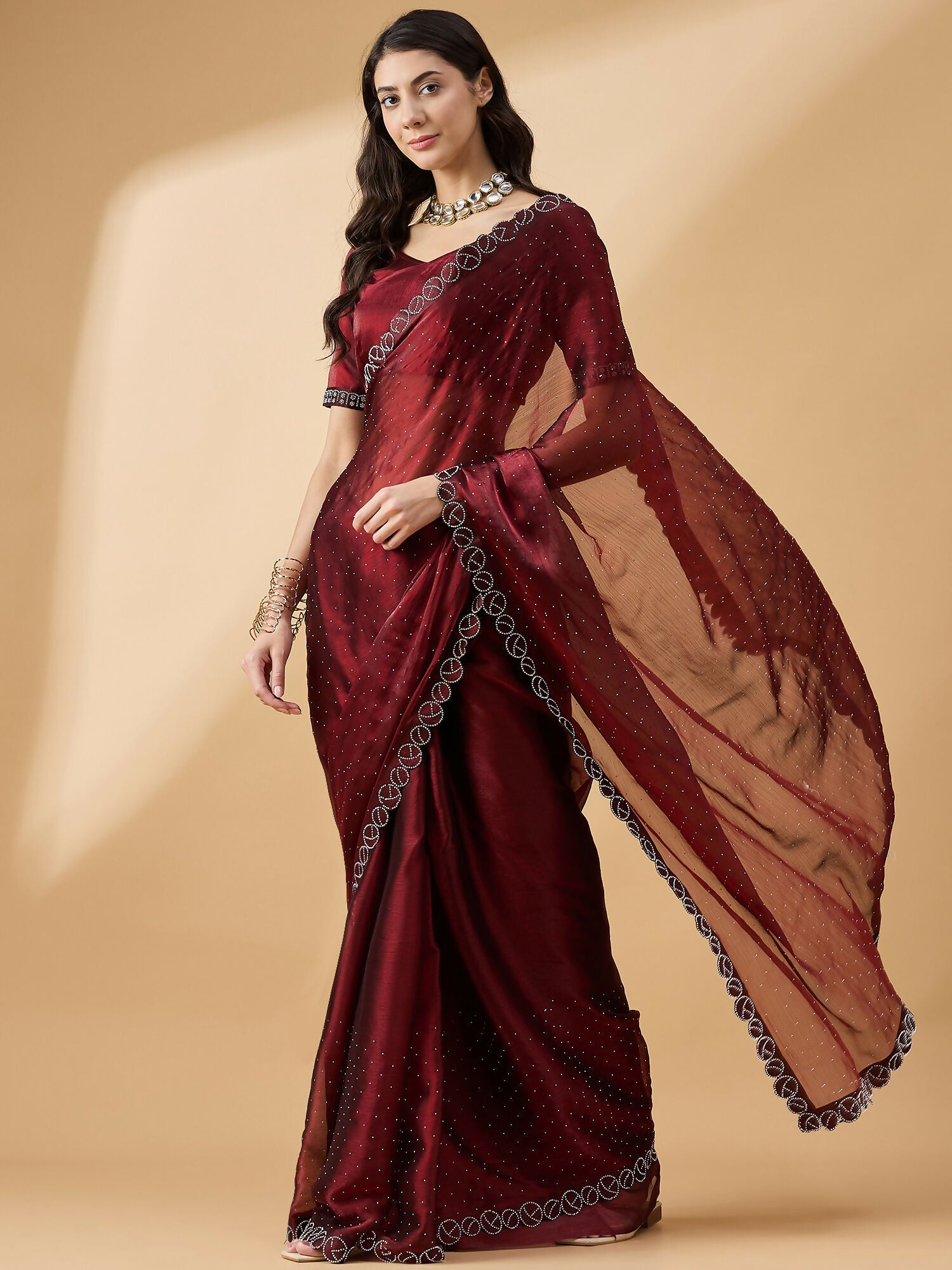 Brown Organza Swaroski Diamond Work Saree with Unstitched Blouse - Radha