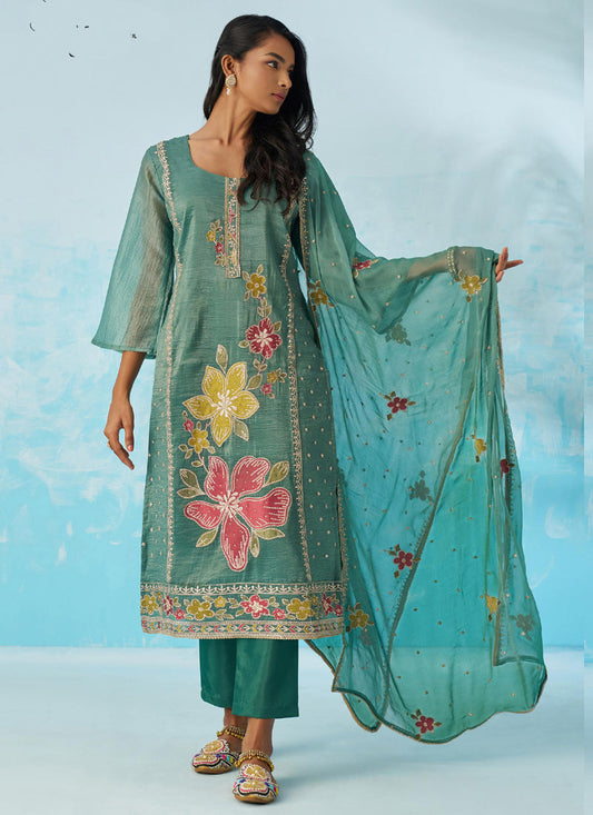 Vegaa Fashion Turquoise Organza Embroidered Party Wear Suit  Grab2Buy Vegaa Fashion Grab2Buy