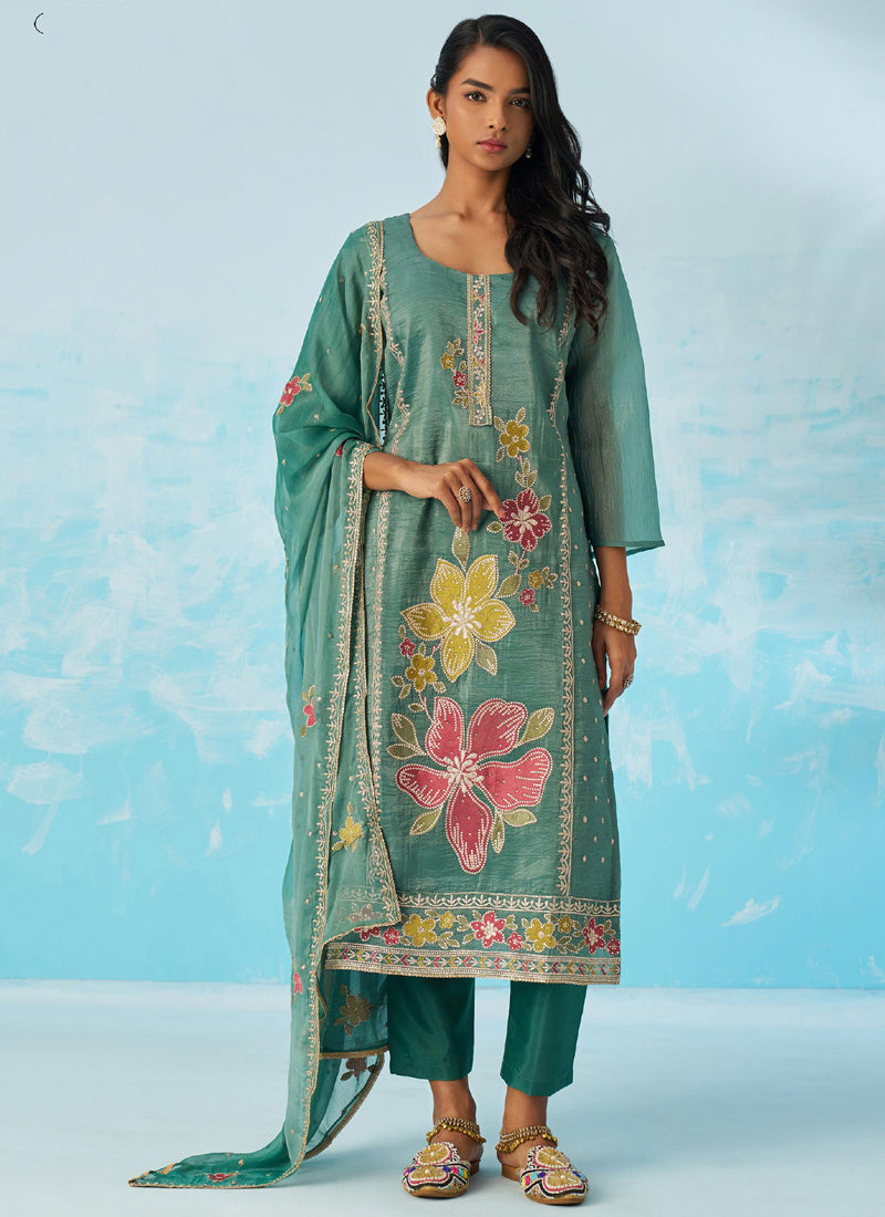 Vegaa Fashion Turquoise Organza Embroidered Party Wear Suit  Grab2Buy Vegaa Fashion Grab2Buy