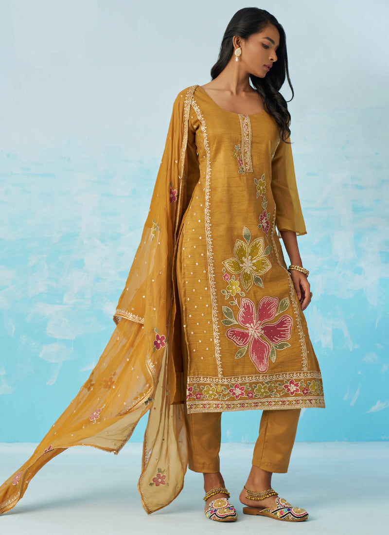 Vegaa Fashion Mustard Organza Embroidered Party Wear Suit  Grab2Buy Vegaa Fashion Grab2Buy