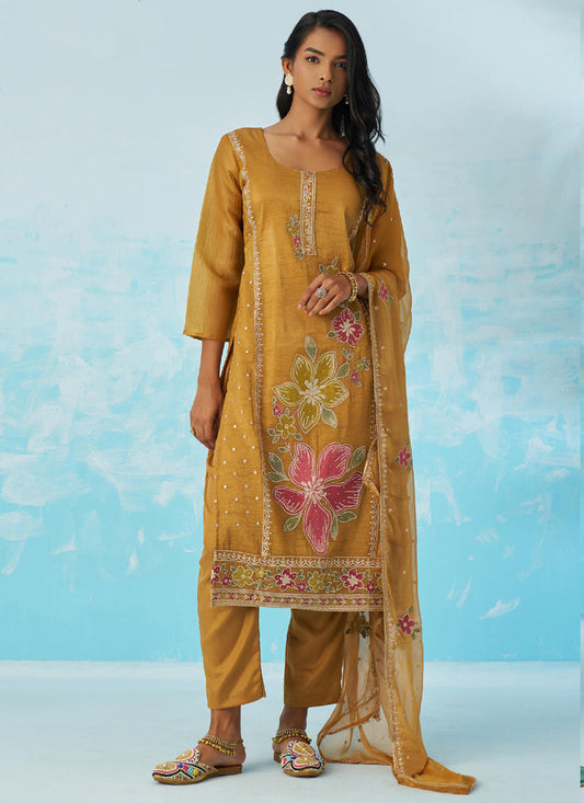 Vegaa Fashion Mustard Organza Embroidered Party Wear Suit  Grab2Buy Vegaa Fashion Grab2Buy