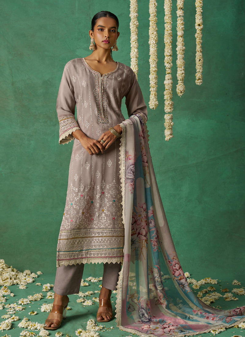 Vegaa Fashion Beige Pure Organza Embroidered Wedding Wear Suit  Grab2Buy Vegaa Fashion Grab2Buy