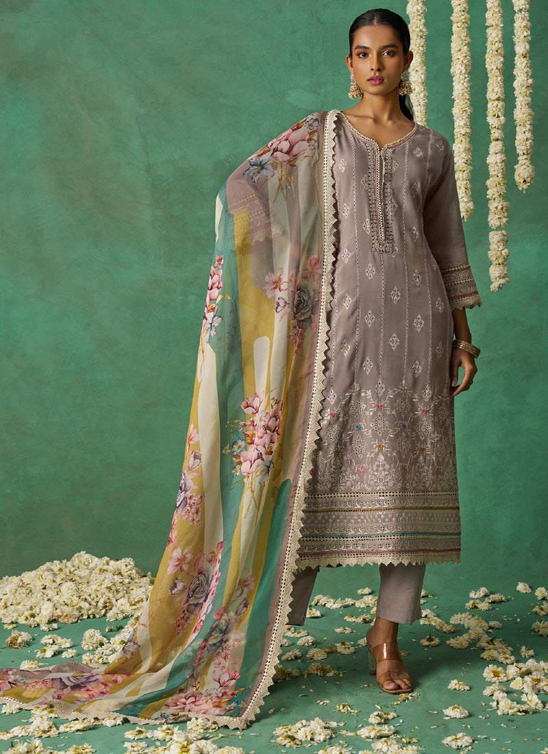 Vegaa Fashion Beige Pure Organza Embroidered Wedding Wear Suit  Grab2Buy Vegaa Fashion Grab2Buy