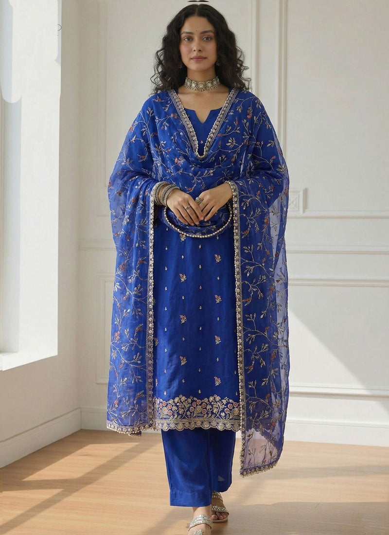 Vegaa Fashion Blue Shimmer Organza Embroidered Party Wear Suit  Grab2Buy Vegaa Fashion Grab2Buy