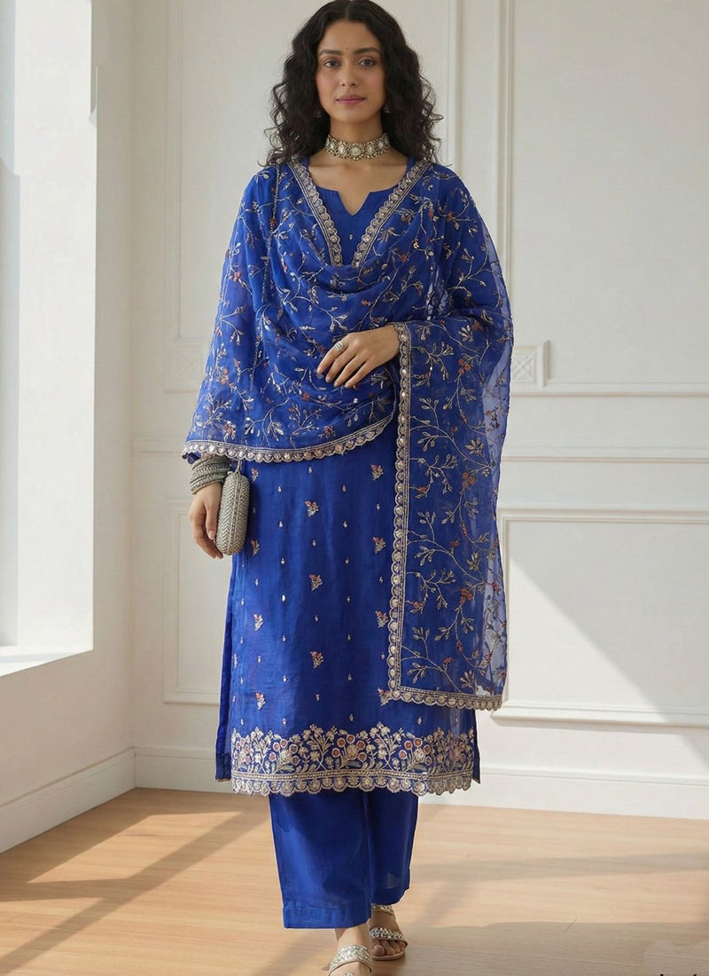 Vegaa Fashion Blue Shimmer Organza Embroidered Party Wear Suit  Grab2Buy Vegaa Fashion Grab2Buy