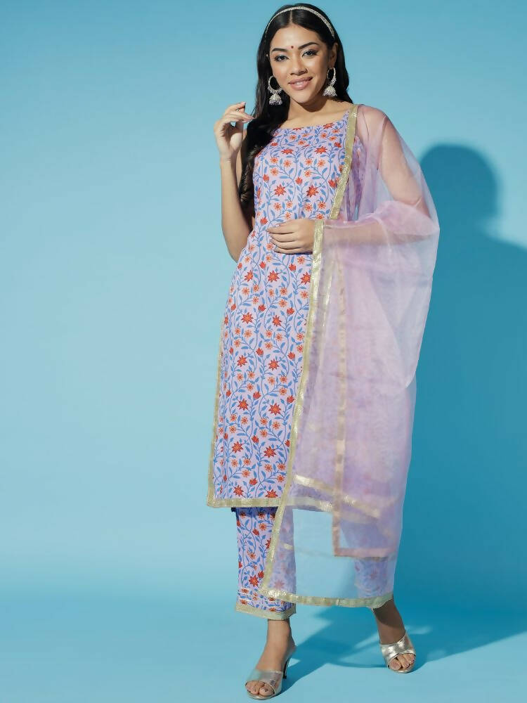 Myshka Women Printed Lavender Kurta & Trousers With Dupatta