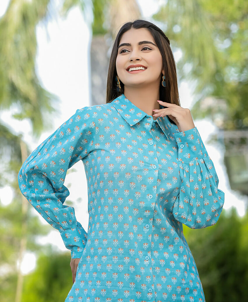 Kaajh Women's Sky Blue Printed Cotton Kurta Pant Set
