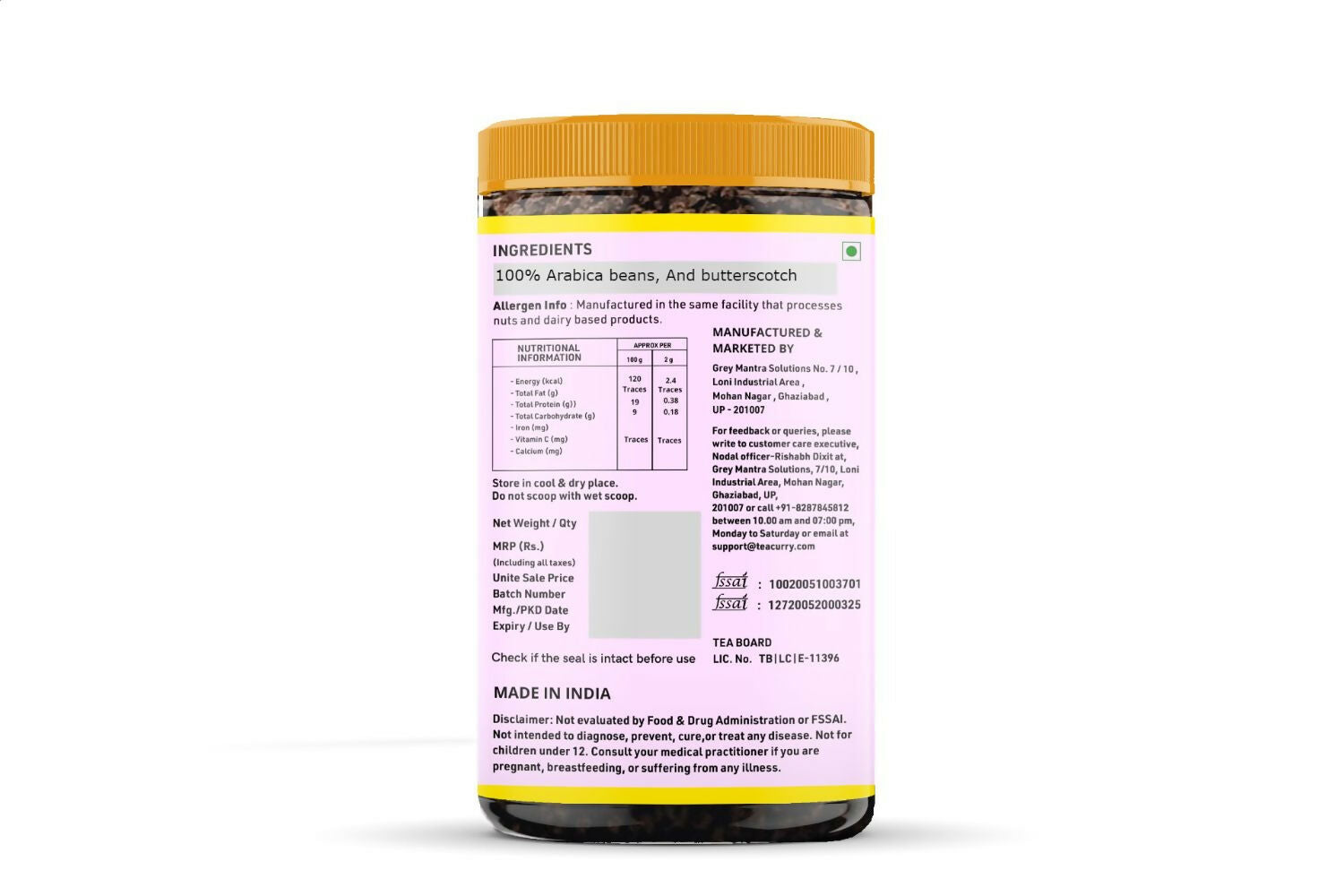 Teacurry Butterscotch Coffee - Arabica Freeze Dried Coffee for Instant Hot & Cold Coffee - Grab2buy