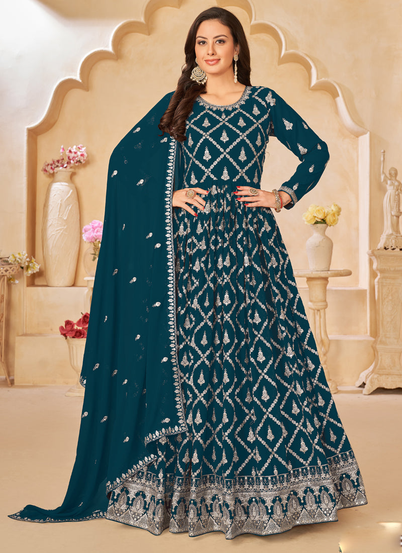 Vegaa Fashion Designer Aqua Blue Faux Georgette Embroidery Anarkali Suit | Grab2Buy