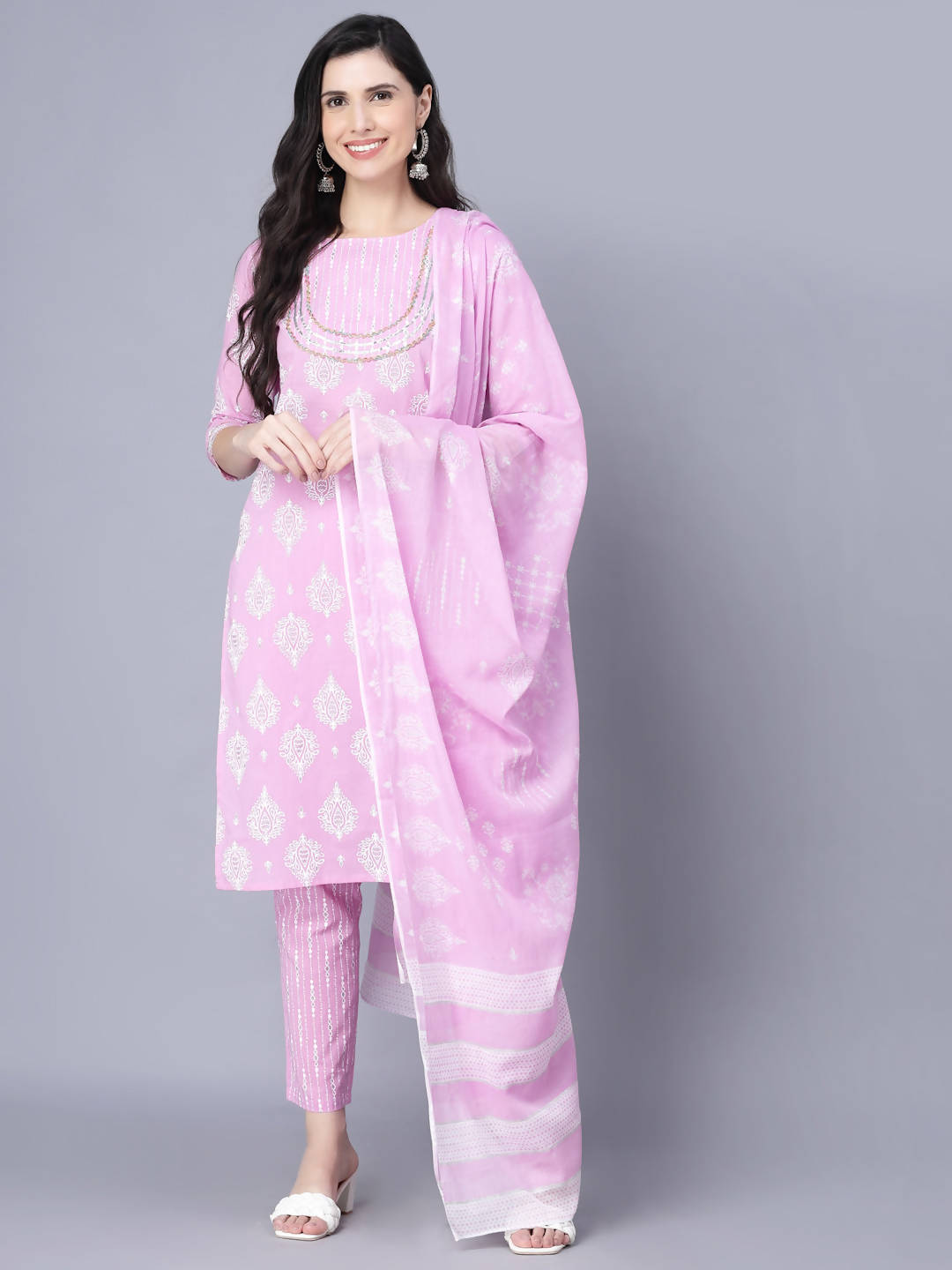 Myshka Cotton Printed 3/4 Sleeve Round Pink Women Kurta set