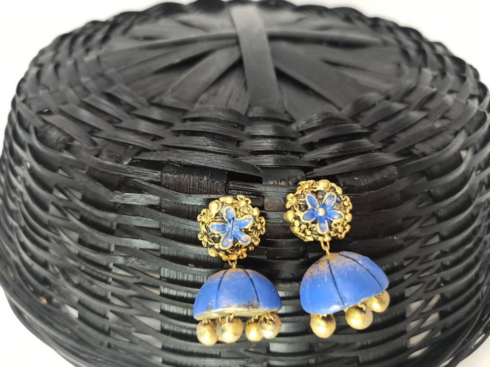 Terracota Beautiful Blue Terracotta Flower Studs with Jhumkas