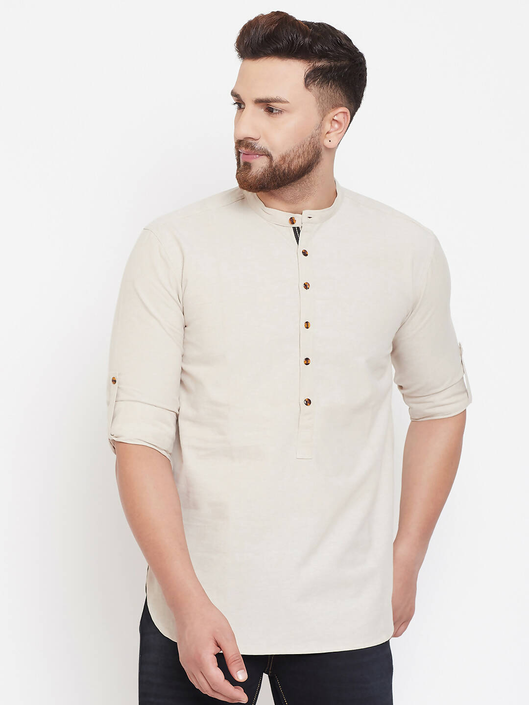 Even Apparels Beige Pure Cotton Men's Kurta With Band Collar