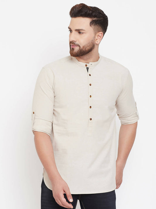 Even Apparels Beige Pure Cotton Men's Kurta With Band Collar
