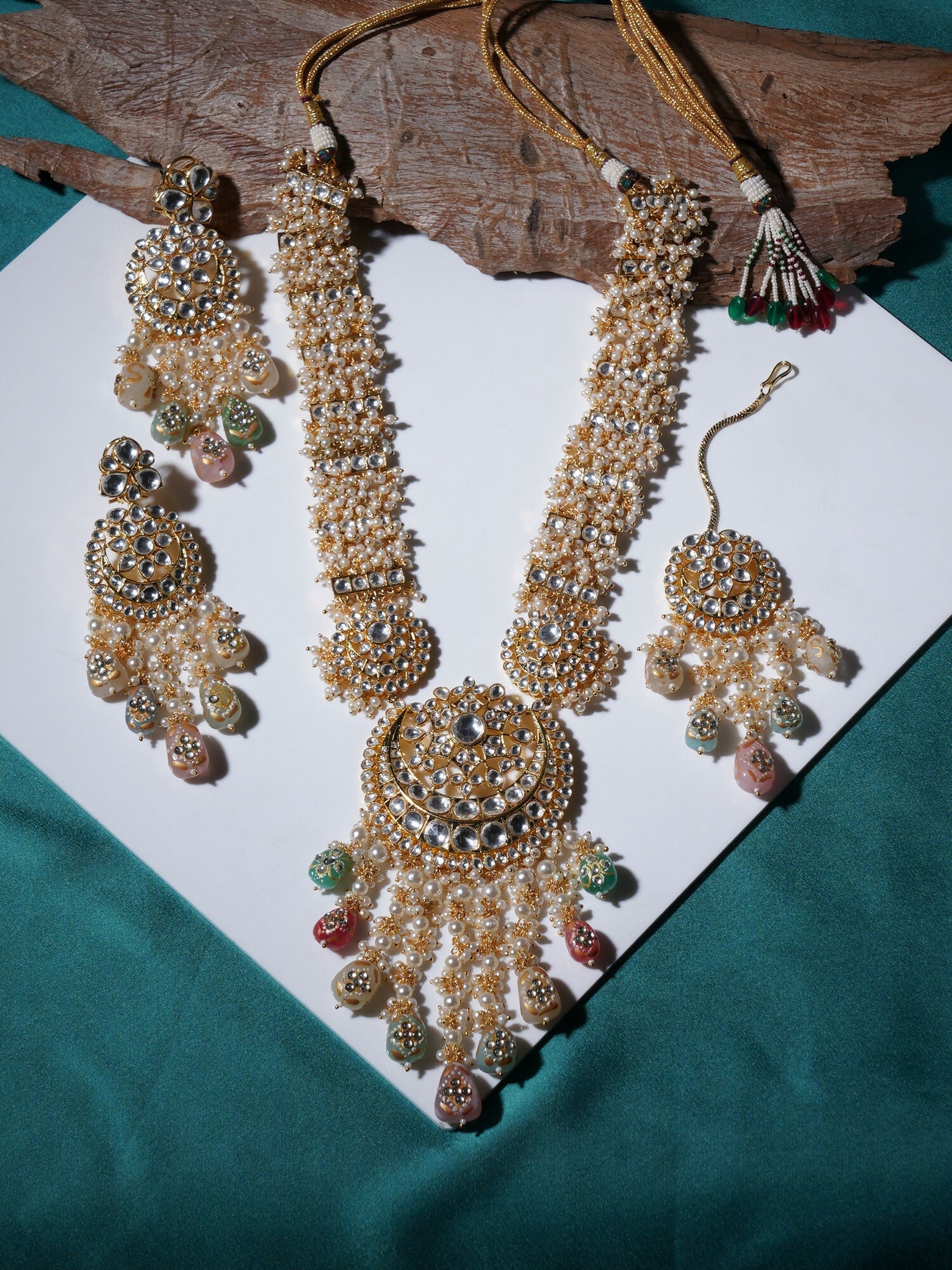 Long Kundan Neckpiece with Earrings & Maang Tikka with Multi Stones Jewellery Set (Gold) - Ruby Raang - Grab2buy