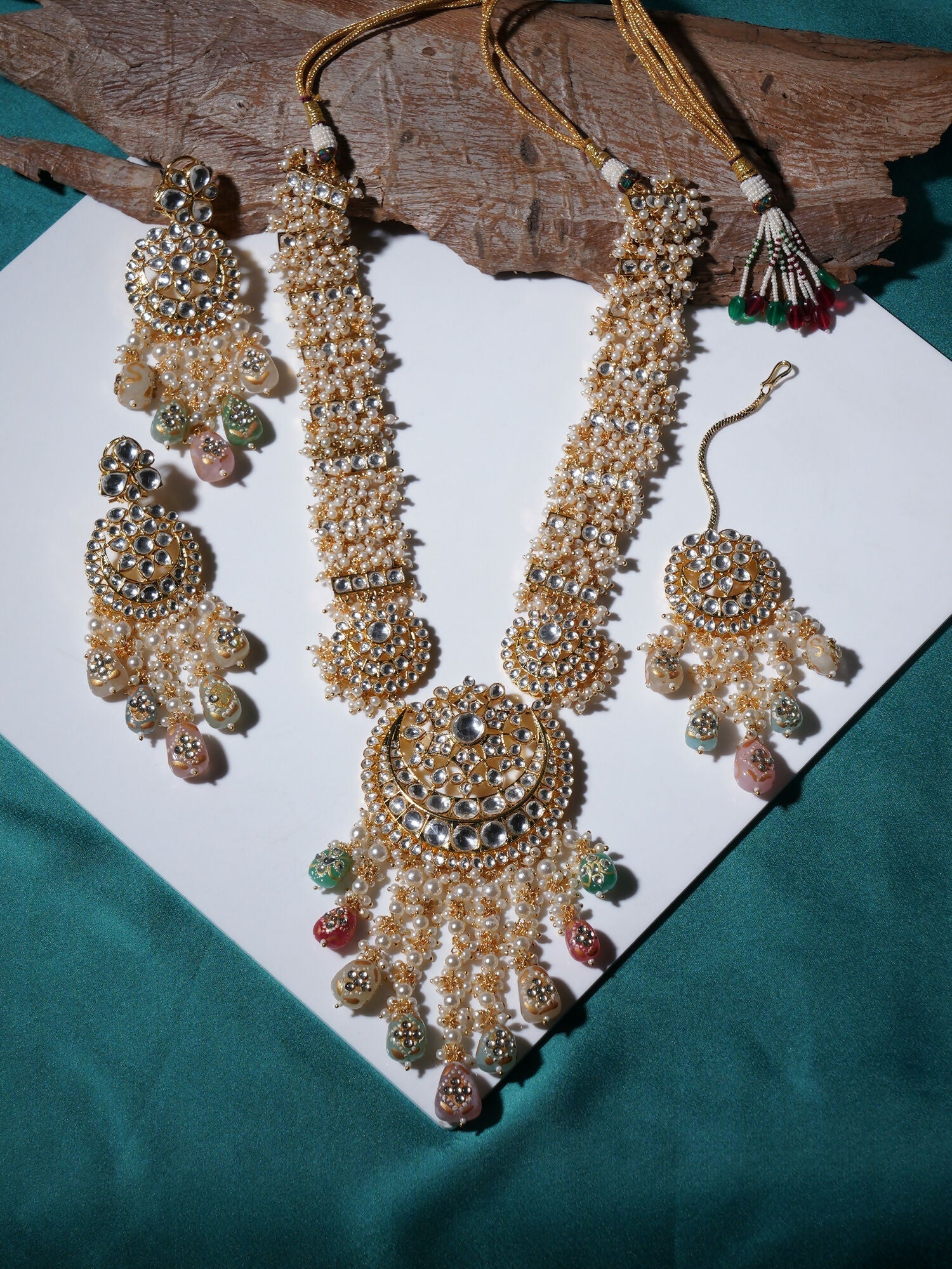 Long Kundan Neckpiece with Earrings & Maang Tikka with Multi Stones Jewellery Set (Gold) - Ruby Raang - Swadesiicart