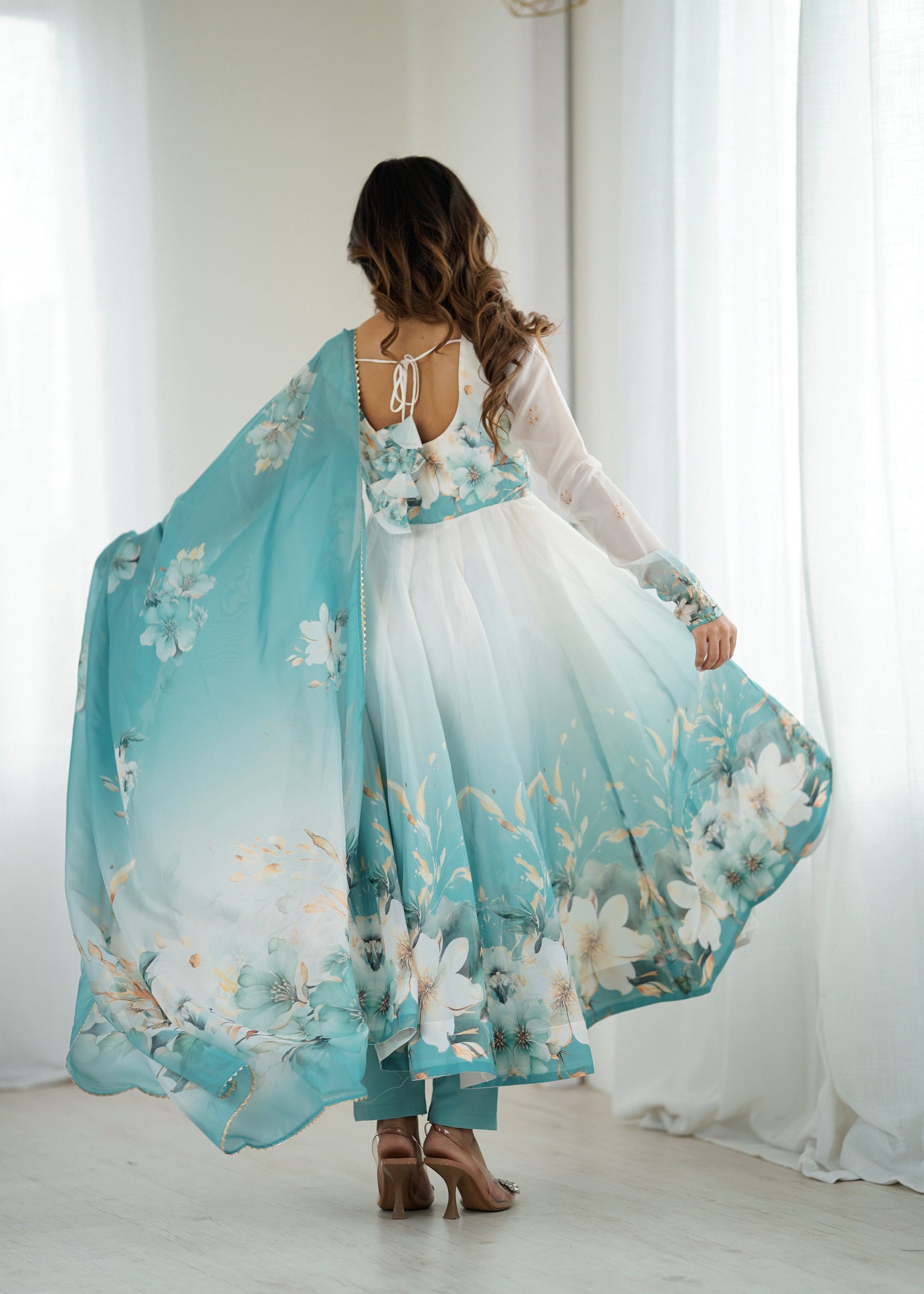 Evanik Aqua Blue Soft Organza Silk With Floral Print Fully Flared Anarkali Pant With Dupatta Set