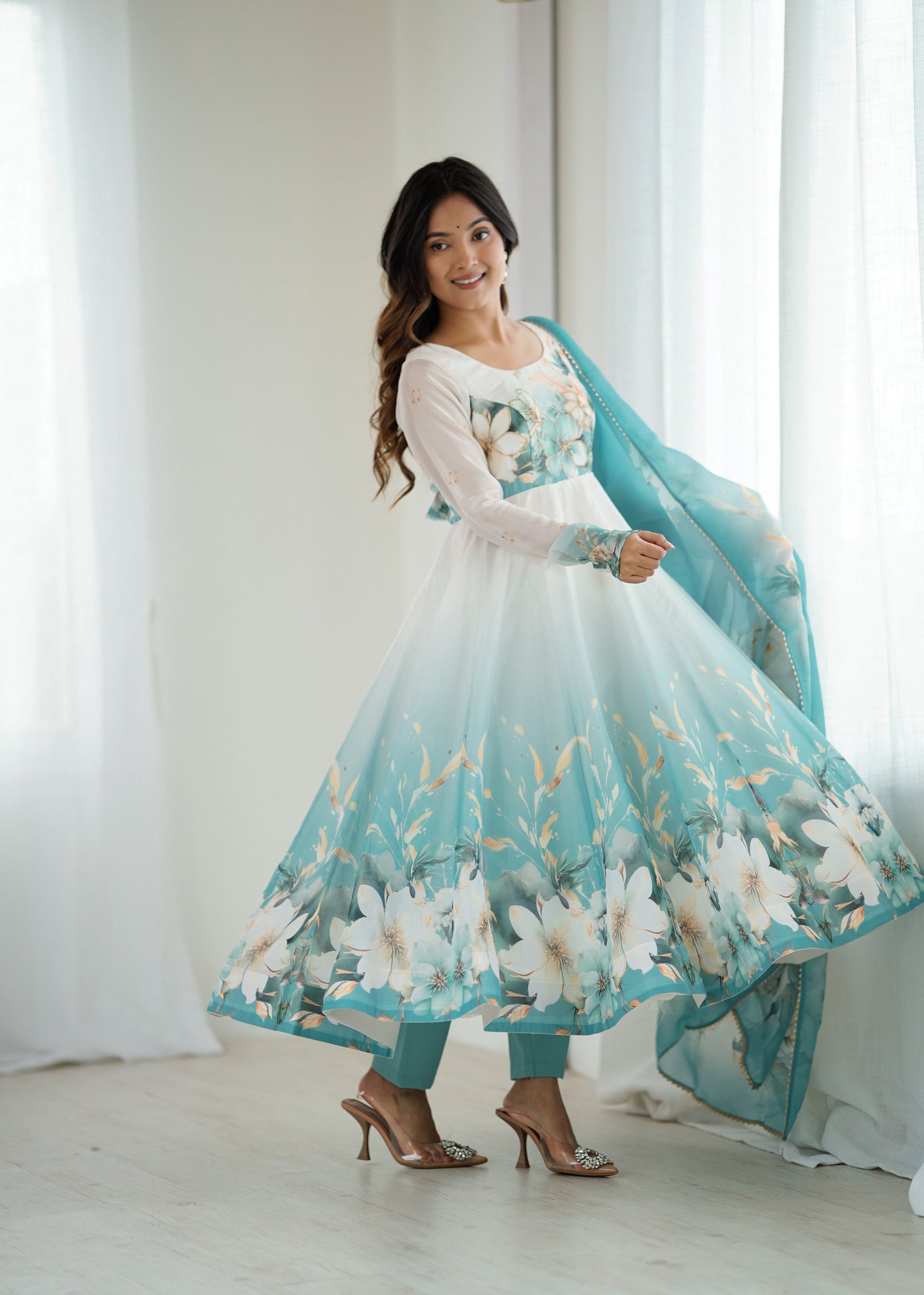Evanik Aqua Blue Soft Organza Silk With Floral Print Fully Flared Anarkali Pant With Dupatta Set