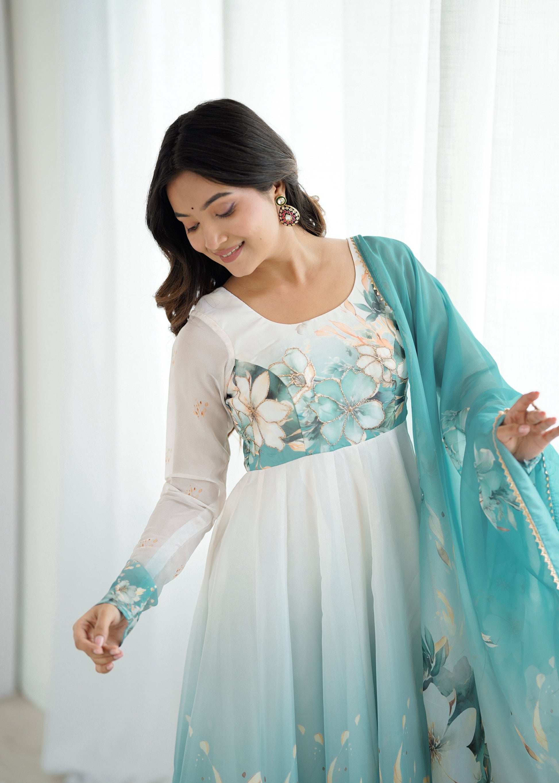 Evanik Aqua Blue Soft Organza Silk With Floral Print Fully Flared Anarkali Pant With Dupatta Set
