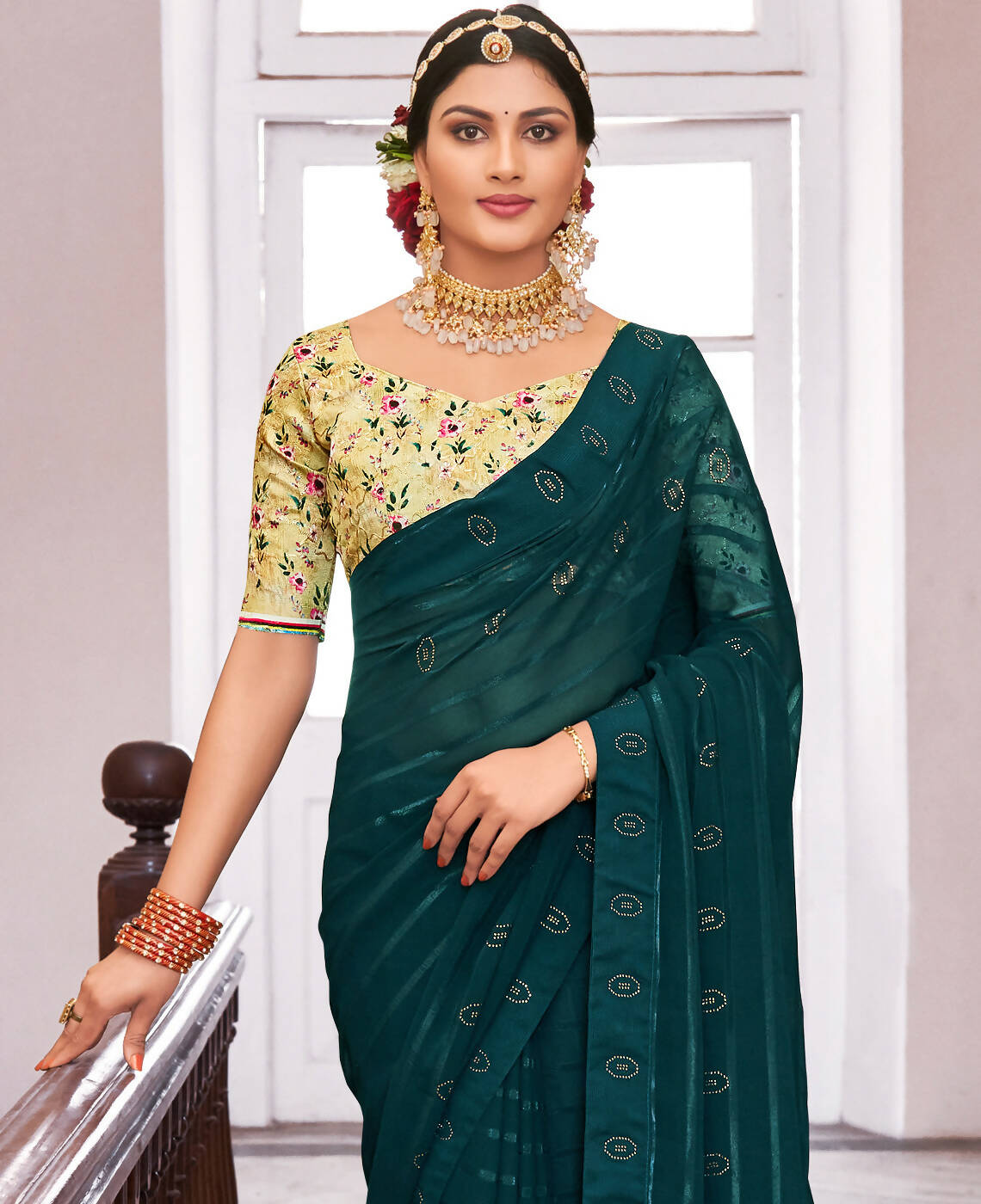 Teal Georgette Swaroski Work Saree With Unstitched Blouse Piece - Juhi