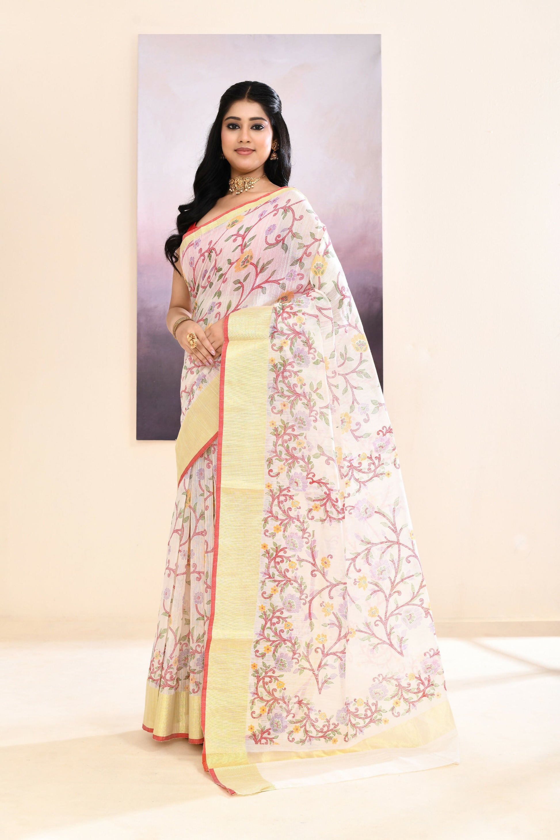 Piyari Fashion Women's White Embellished Cotton Blend Printed Saree